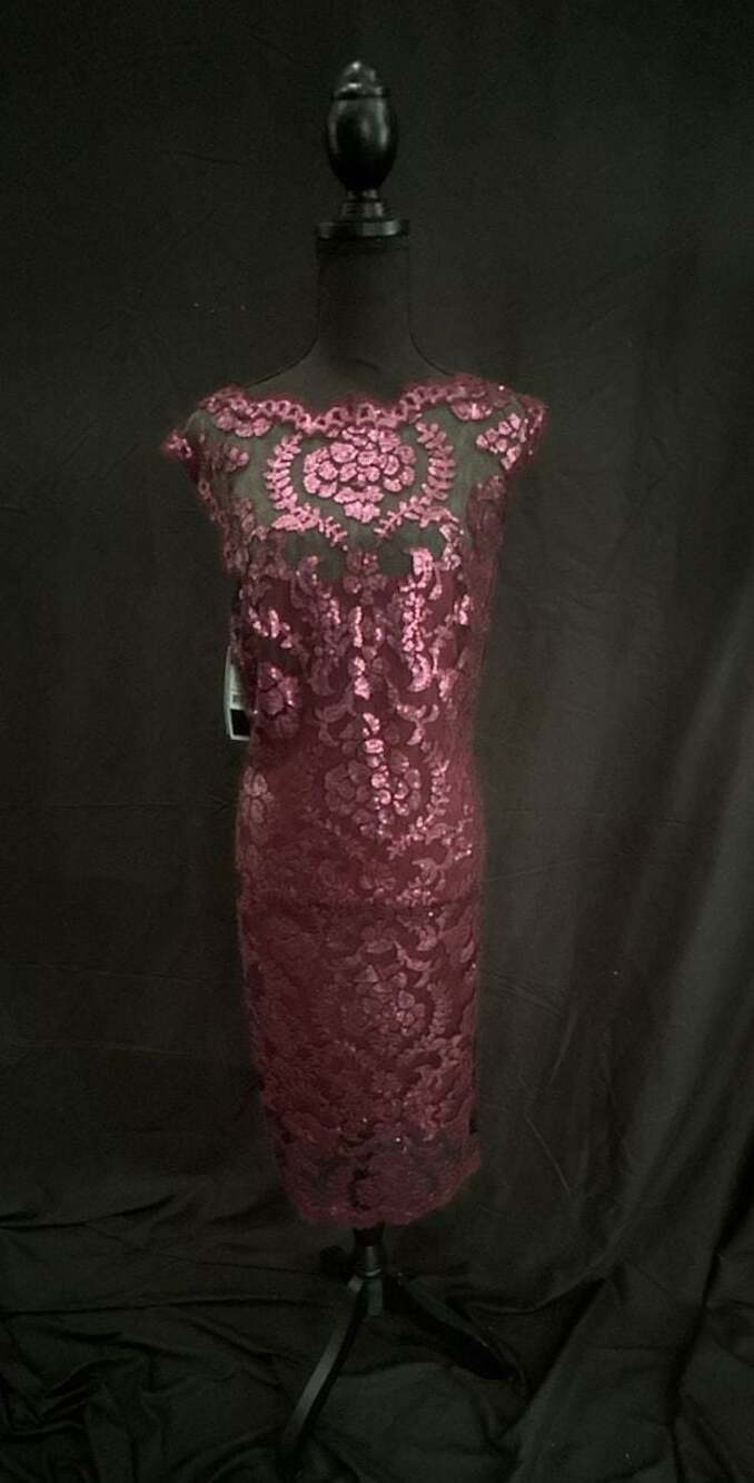 Tadashi Shoji Burgundy Sequin Embroidered Sheer Illusion Lace Sheath Dress